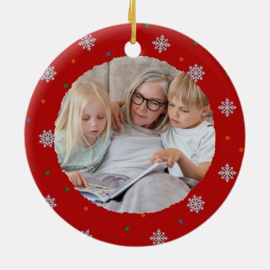 Rote, elegante Schneeflocken und Foto Keramik Ornament (Hinten)