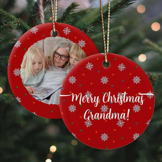 Rote, elegante Schneeflocken und Foto Keramik Ornament