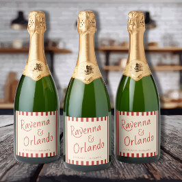 Rote Elfenbein-Streifen Retro-Minimalist-Hochzeit Schaumweinetikett