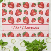 Rote Erdbeere Fruchtmuster auf Rosa mit Text Geschirrtuch (Gefaltet)