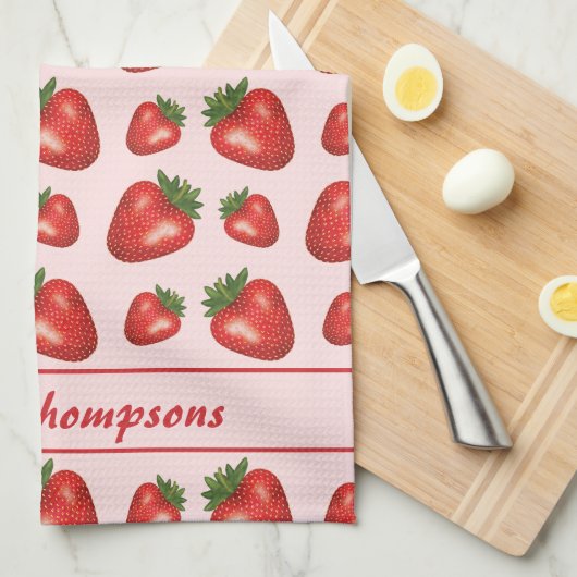 Rote Erdbeere Fruchtmuster auf Rosa mit Text Geschirrtuch (Viertel Falte)