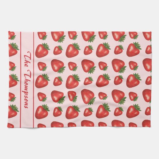 Rote Erdbeere Fruchtmuster auf Rosa mit Text Geschirrtuch (Horizontal)