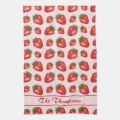 Rote Erdbeere Fruchtmuster auf Rosa mit Text Geschirrtuch (Vertikal)