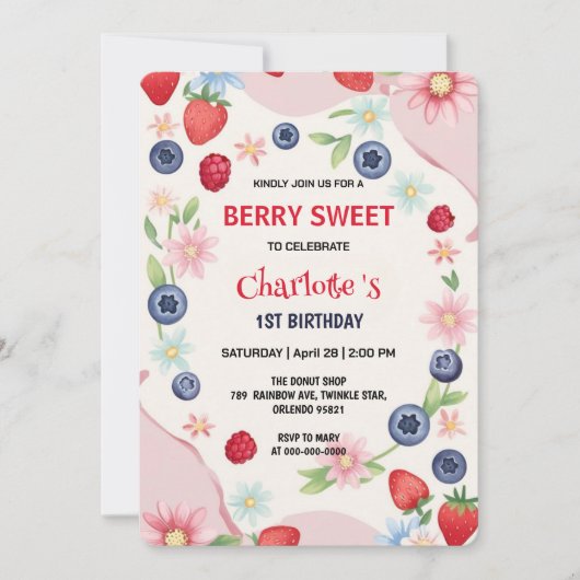 Rote Erdbeeren 1. Geburtstag Party für Kinder Einladung (Vorderseite)