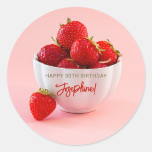 Rote Erdbeeren Foto Auf Rosa Alles Gute Zum Geburt Runder Aufkleber