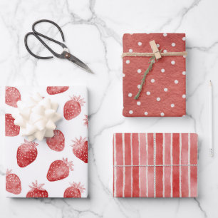 Rote Erdbeeren Weiße Punkte Streifen Geburtstag Geschenkpapier Set