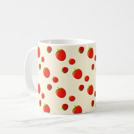 Rote Erdbeermuster auf hellrosa Kaffeetasse (Vorderseite Links)