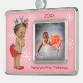 Rote ethnische Prinzessin Baby First Christmas Rahmen-Ornament Silber (Links)