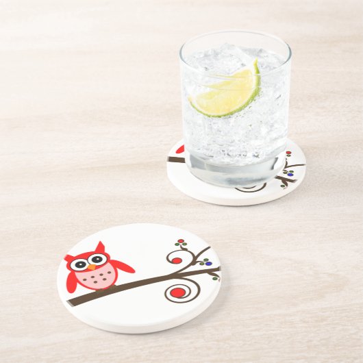 Rote Eule auf Kirschbaum Getränkeuntersetzer (Seite)