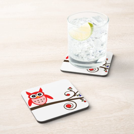 Rote Eule auf Kirschbaum Getränkeuntersetzer (Rechte Seite)