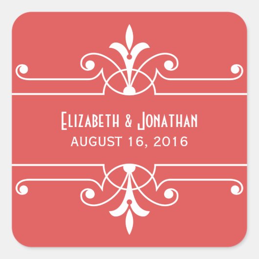 Rote Extravagante Ornamentale Hochzeitsticker Quadratischer Aufkleber (Vorderseite)