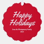 Rote Familie Foto Happy Holidays Ornament Karte (Rückseite)