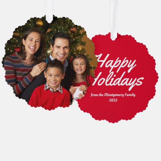 Rote Familie Foto Happy Holidays Ornament Karte (Vorderseite/Rückseite)