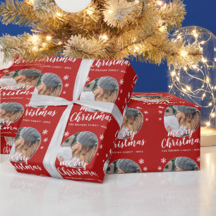 Rote Familienfoto-Schneeflocke Frohe Weihnachten Geschenkpapier