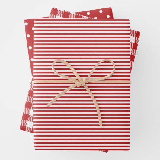 Rote Farbmuster Streifen Gingham Polka Dot Geschenkpapier Set (Beispiel)