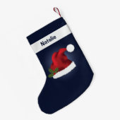 Rote festliche Weihnachtsmannmütze auf blau mit In Kleiner Weihnachtsstrumpf (Rückseite (Hängend))