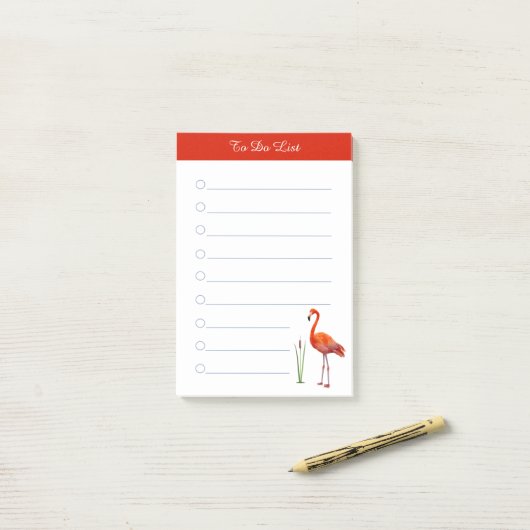 Rote Flamingo und Kalligraphie auf weißer Linie Post-it Klebezettel (Auf Schreibtisch)