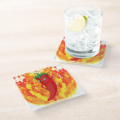 Rote Flammen mit Hot Pepper-Flammen Glasuntersetzer (Schrägansicht)