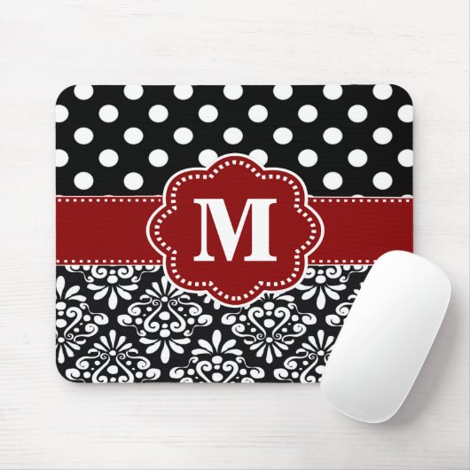 Rote Fleck-Damast-Monogramm-Mausunterlage Mousepad (Mit Mouse)