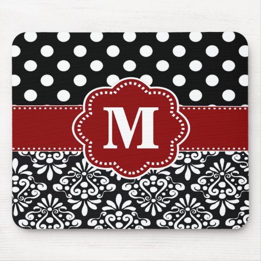 Rote Fleck-Damast-Monogramm-Mausunterlage Mousepad (Vorne)