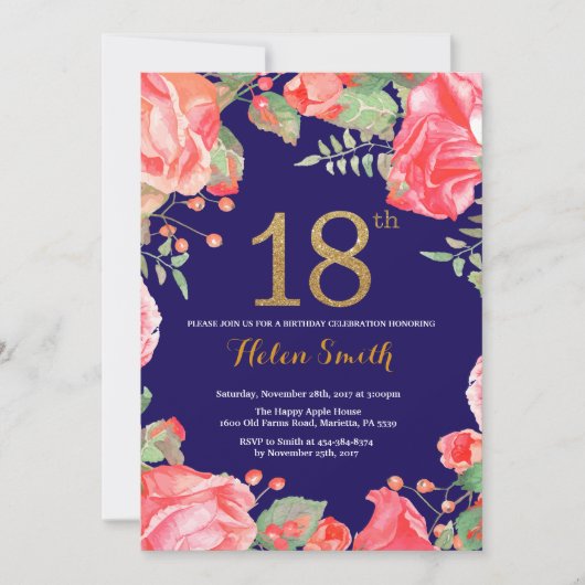 Rote Flora 18. Geburtstag Einladung Gold Glitzer (Vorderseite)