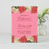Rote Flora am rosa Geburtstag Einladung (Stehend Vorderseite)
