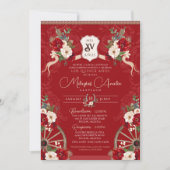 Rote Flora Elegante Barock Charro Quinceanera Einladung (Vorderseite)