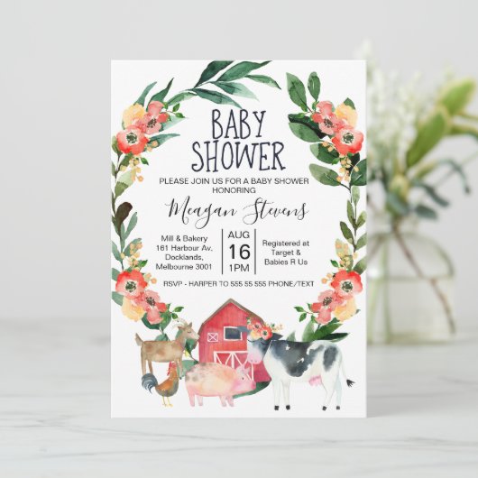 Rote Flora Farm Animals Kinderdusche Einladung (Stehend Vorderseite)