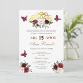 Rote Flora Quinceañera Spanien Einladung (Stehend Vorderseite)