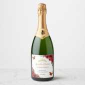 Rote Flora Schmetterlinge Gold Quinceañera Geburts Schaumweinetikett (Vorderseite)