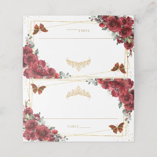 Rote Flora Schmetterlinge Quinceañera 16. Geburtst Platzkarte (Außenseite Aufgefaltet)