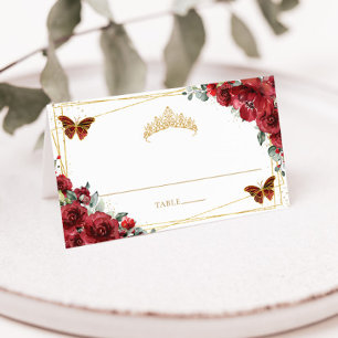 Rote Flora Schmetterlinge Quinceañera 16. Geburtst Platzkarte