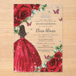 Rote Flora Silberschmetterlinge Quinceañera Süß 16 Acryleinladungen