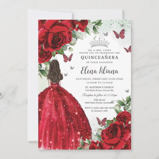 Rote Flora Silberschmetterlinge Quinceañera Süß 16 Einladung (Vorderseite)