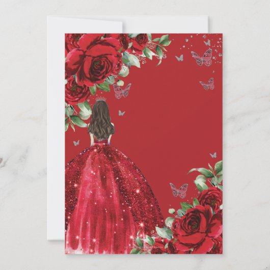 Rote Flora Silberschmetterlinge Quinceañera Süß 16 Einladung (Rückseite)
