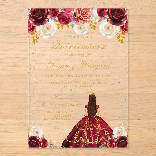 Rote Floral Princess Quinceañera Acryleinladungen (Vorderseite)