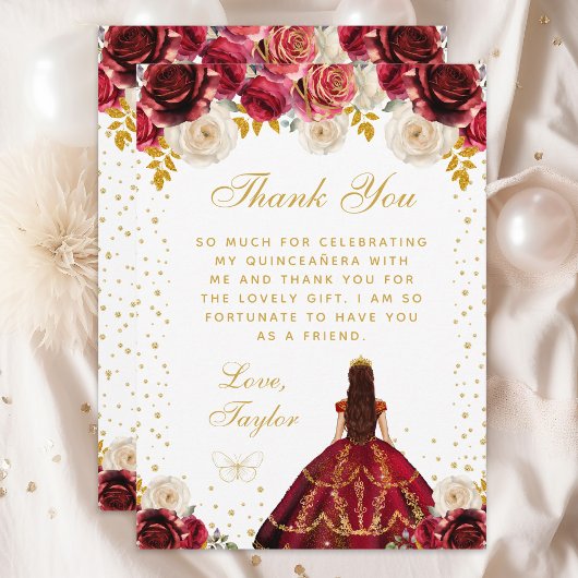 Rote Floral Princess Quinceañera Dankeskarte