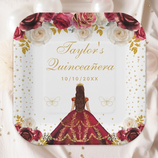 Rote Floral Princess Quinceañera Pappteller