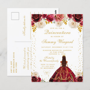 Rote Floral Princess Quinceañera Postkarte