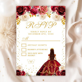 Rote Floral Princess Quinceañera RSVP Karte