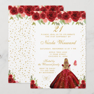 Rote Florale Blondhaarige Prinzessin Geburtstagsfe Einladung