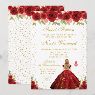 Rote Florale Blondhaarige Prinzessin Sweet Sixteen Einladung