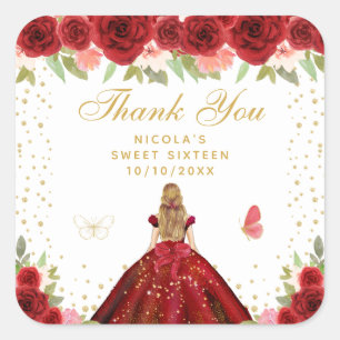 Rote Florale Blondhaarige Prinzessin Sweet Sixteen Quadratischer Aufkleber