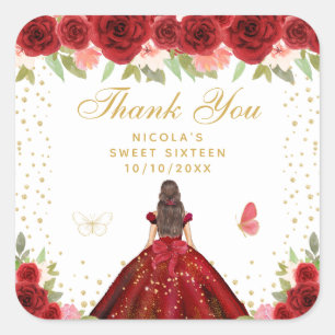 Rote Florale Braunhaarige Haar Prinzessin Sweet Si Quadratischer Aufkleber