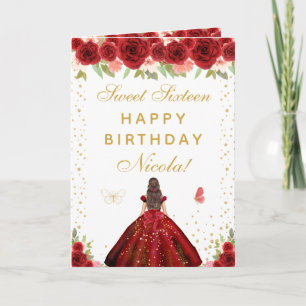 Rote Florale Braunhaarige Hair Girl Sweet Sixteen Karte