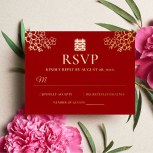 Rote florale chinesische Hochzeitskirschblüten-RSV Folie Einladungspostkarte
