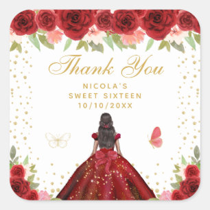 Rote Florale Dunkle Haut Prinzessin Sweet Sixteen Quadratischer Aufkleber