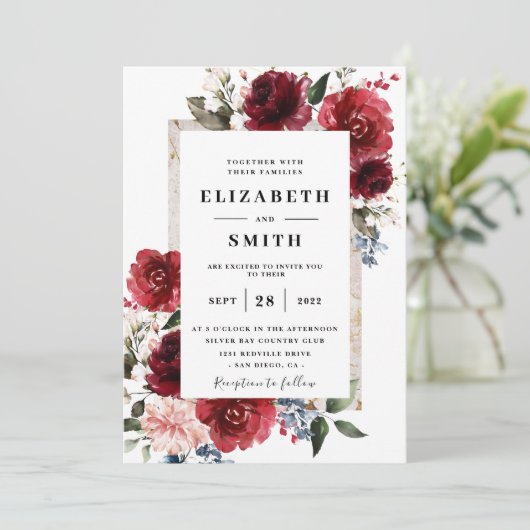 Rote, florale Elegant Rustikale Weiße Hochzeit Einladung (Stehend Vorderseite)