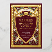 Rote Florale Fantasy-Schwerter Schild Monogramm Ho Folieneinladung (Vorderseite)