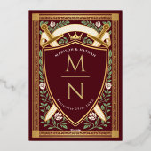 Rote Florale Fantasy-Schwerter Schild Monogramm Ho Folieneinladung (Rückseite)